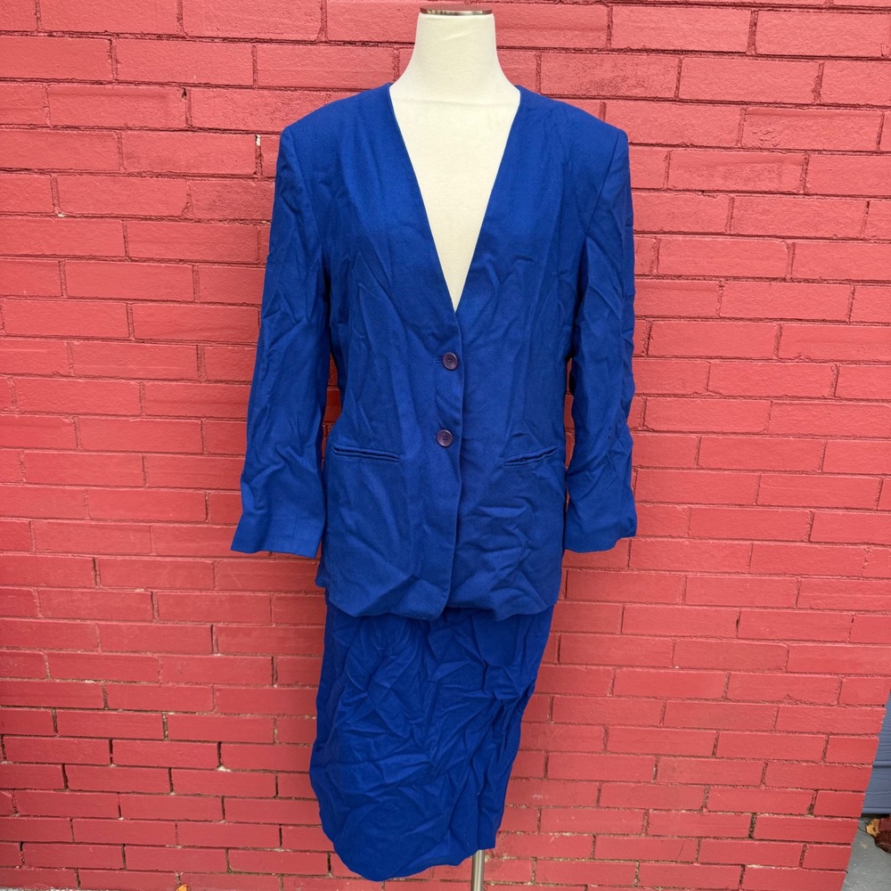 Vtg Pendleton Blazer Skirt Suit Womens Size 14 Royal Blue 100% Virgin Wool